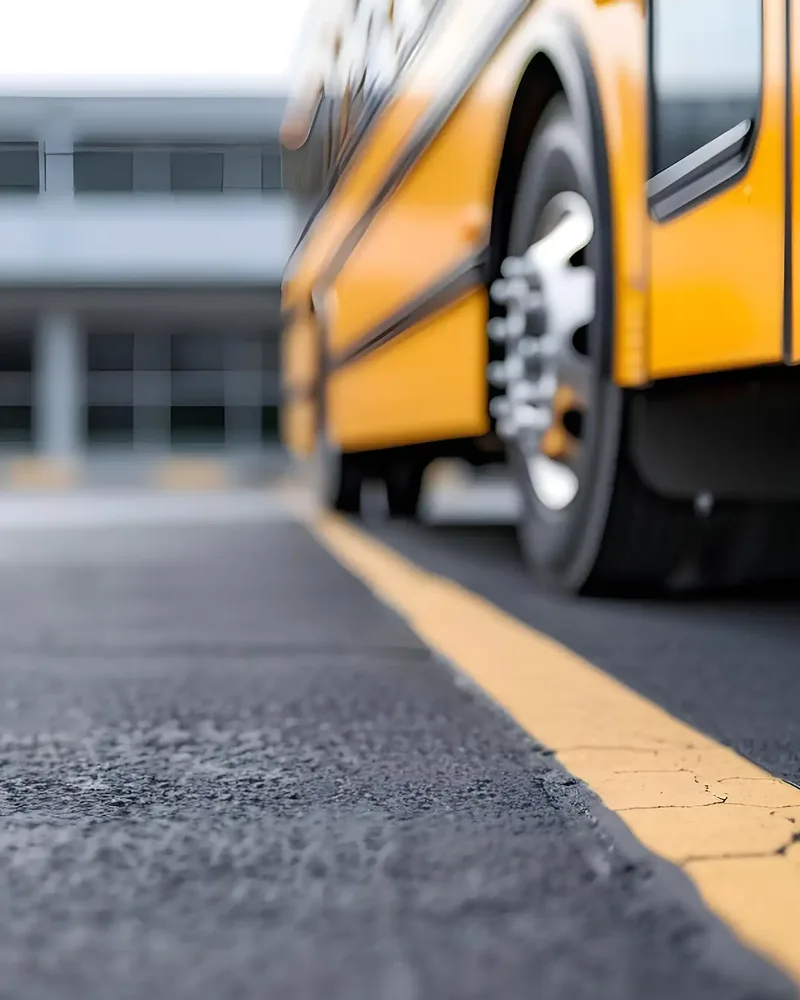 A yellow school bus parked at a bus garage