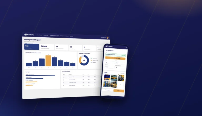 The TradePro management report and field inspection form on a laptop and phone