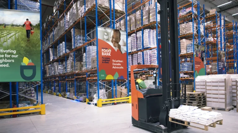 Regional Food Bank warehouse with banners designed by Wright Design